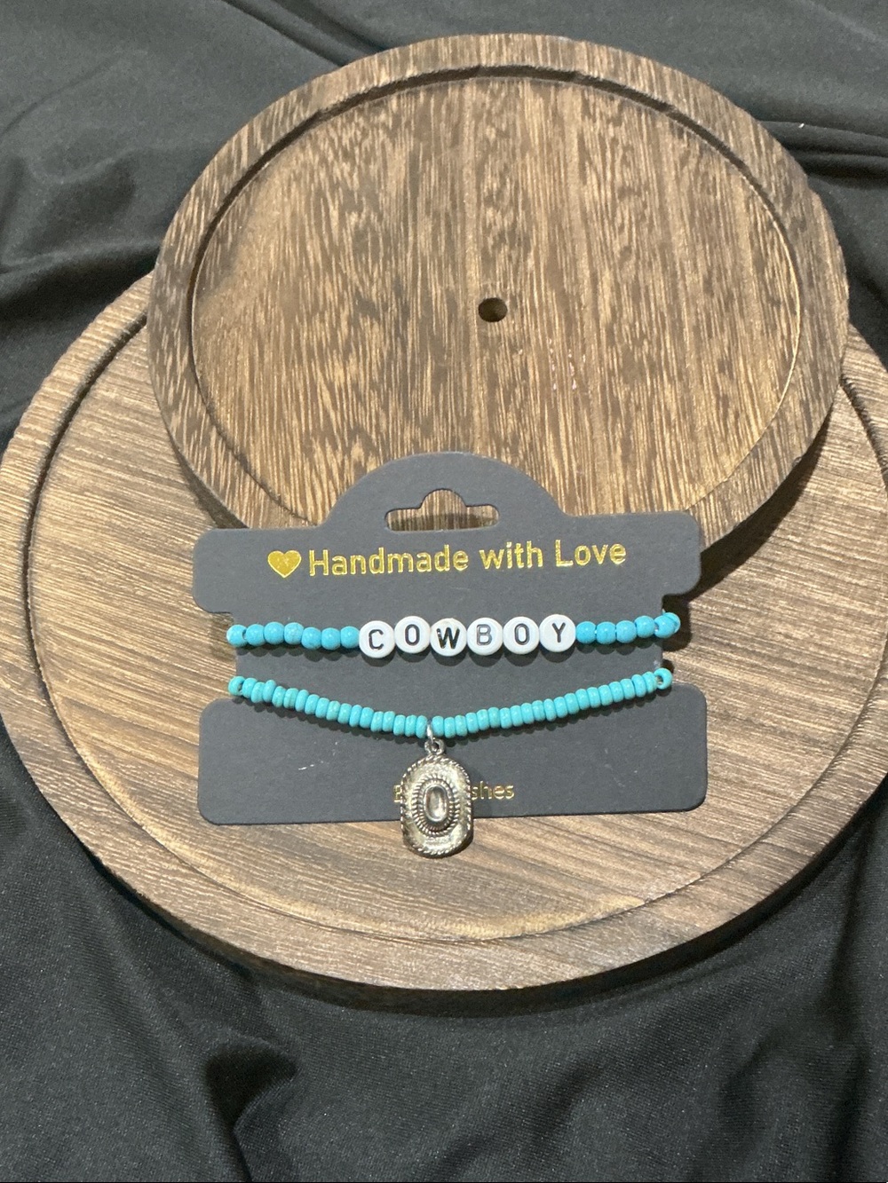 Handmade Turquoise 'COWBOY' Beaded Bracelet Set with Silver Cowboy Hat Charm